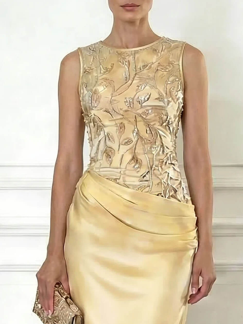 Elegant Yellow Embroidery Satin Crew Neck Sleeveless Sheath Maxi Dress