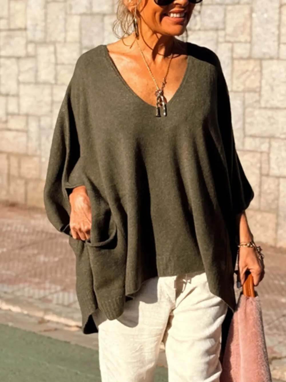 Classic Fashion V-neck Loose Pocket Mid-length Knitted Sweater Army Green