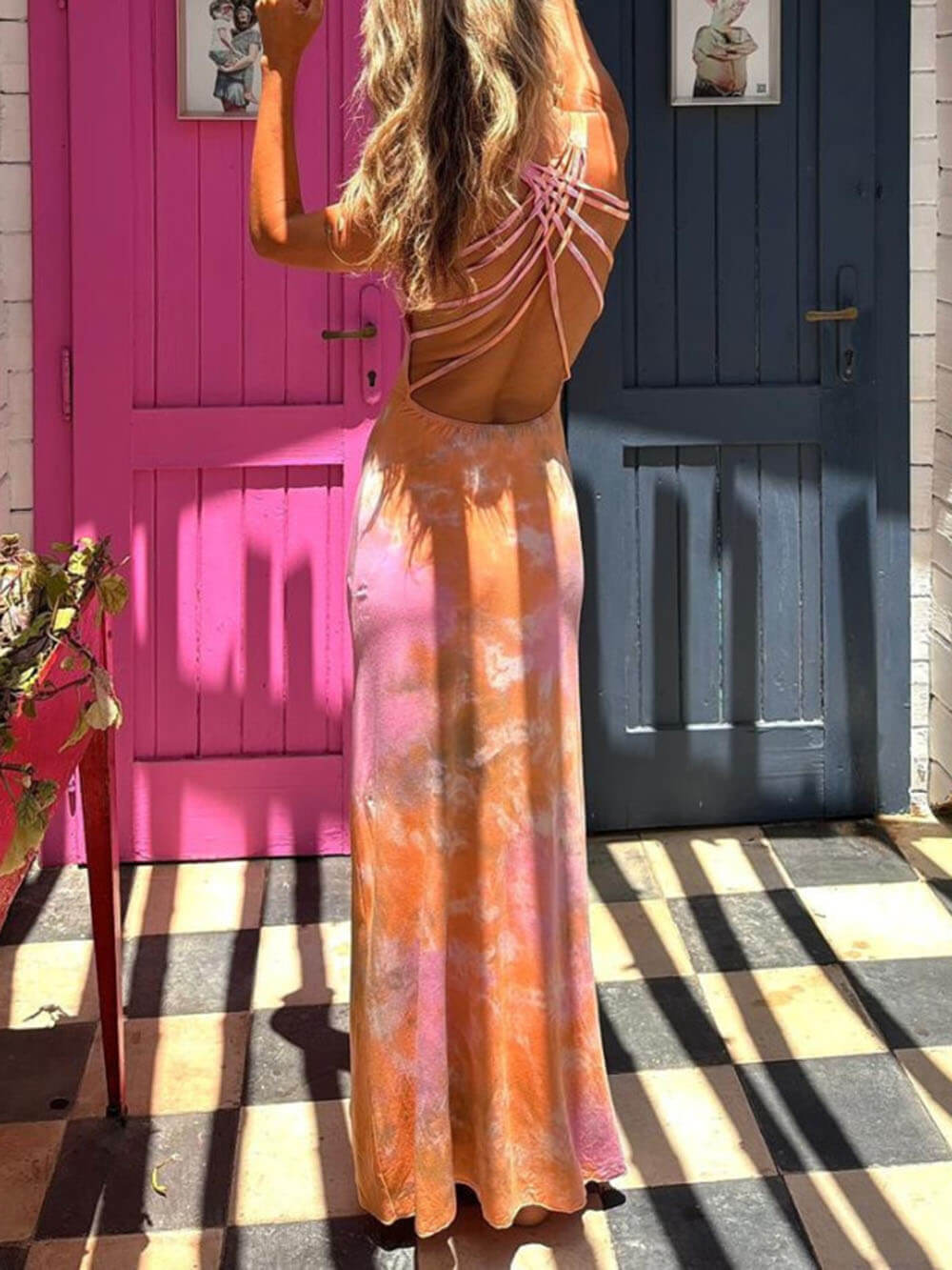 Unique Summer Adventures Tie-dye Print Back Lace-up Stretch Maxi Dress Orange