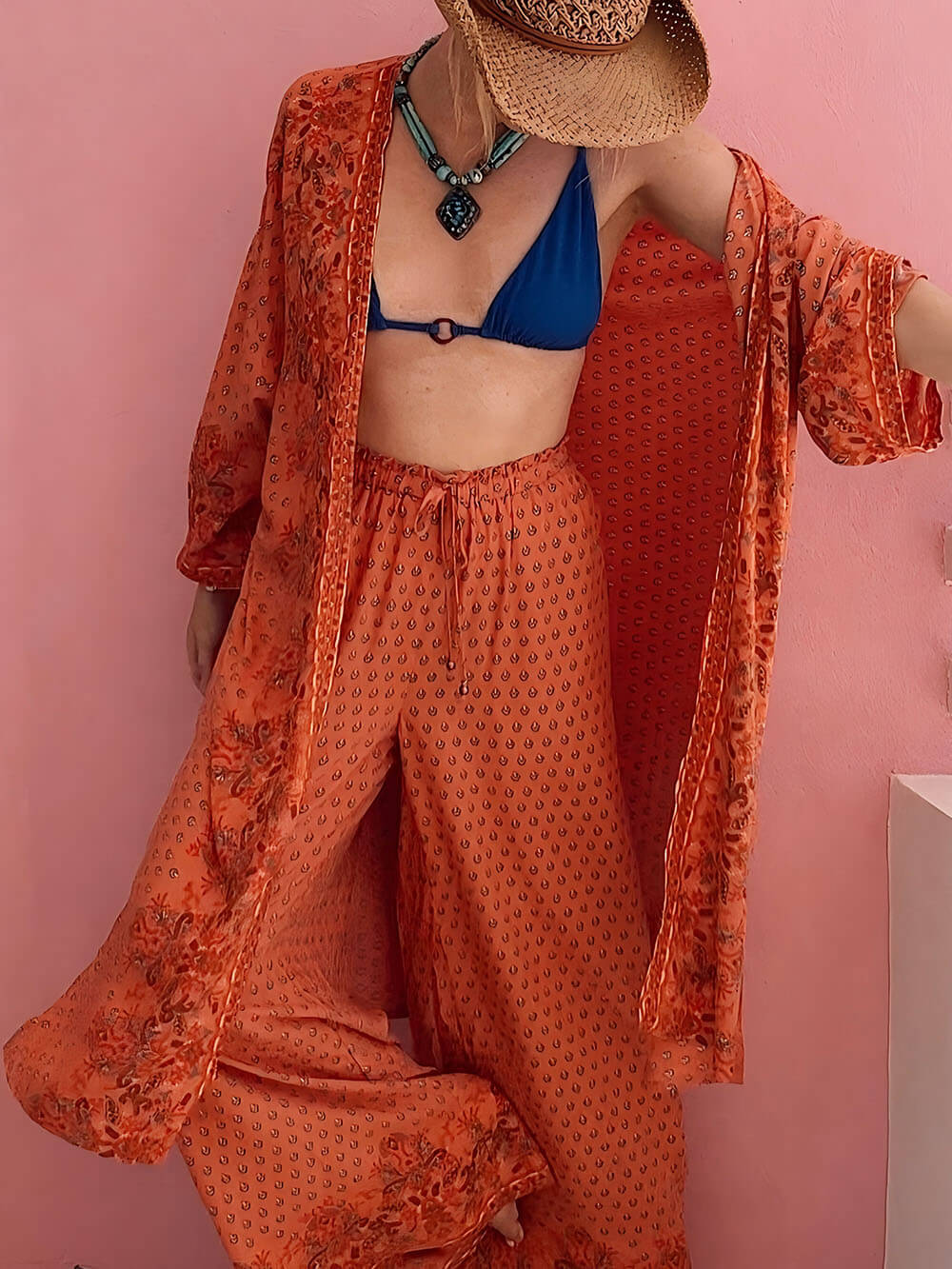 Unique Satin Floral Print Loose Oversized Cardigan Shirt Orange