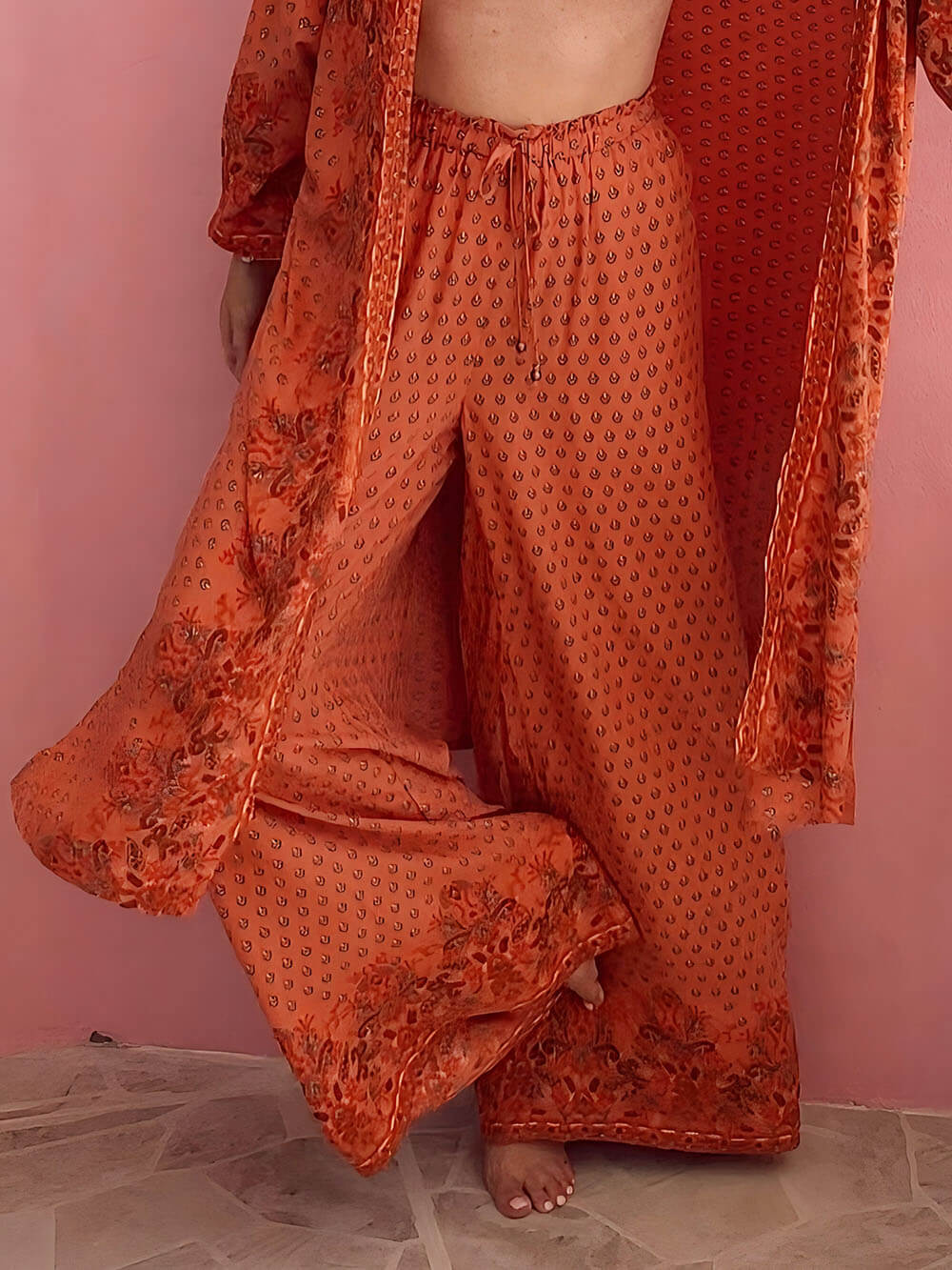Unique Satin Floral Print Elastic Waist Loose Drawstring Wide Leg Pants Orange