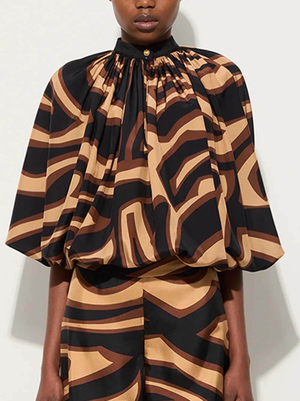 Unique Swirl Print Satin Twill Shirt Brown