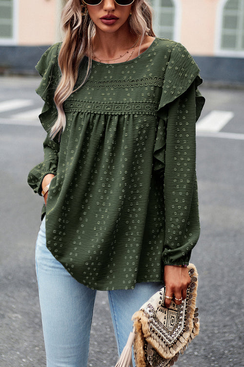 Miss You So Swiss Dot Lace Ruffled Long Sleeve Top - 5 Colors Olive Green