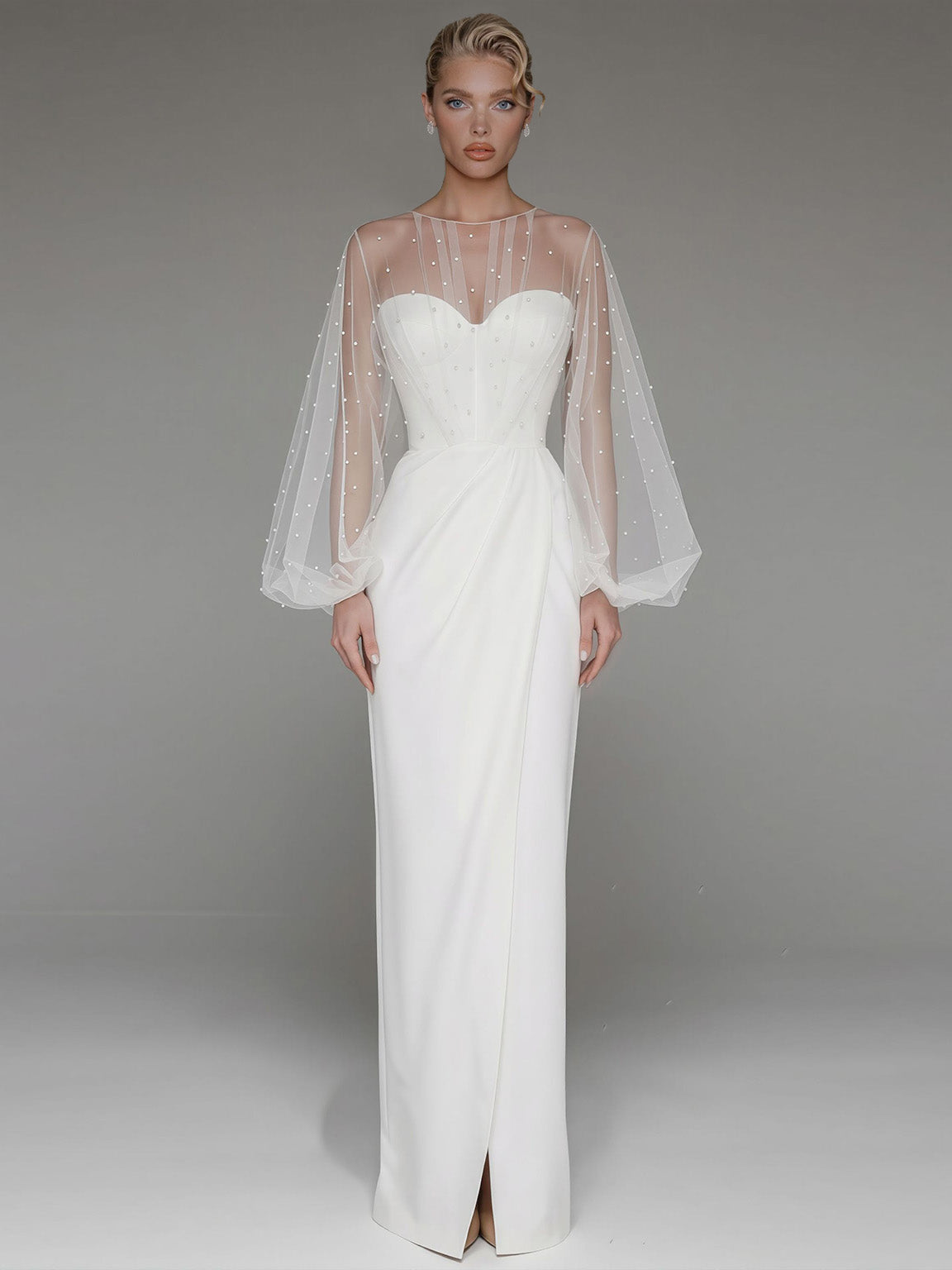 Elegant Beaded Sheer Sleeve Maxi Dress
