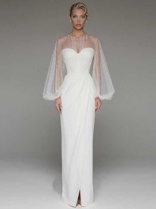 Elegant Beaded Sheer Sleeve Maxi Dress