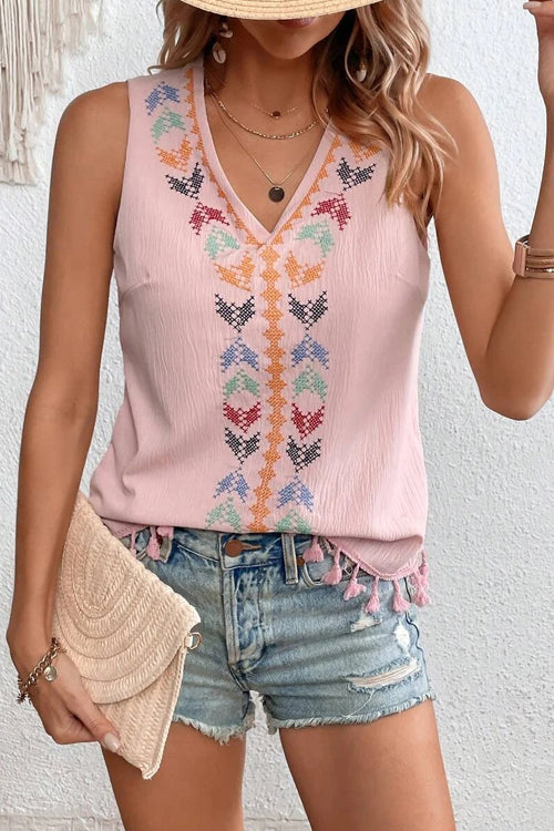 Just Be You Boho Embroidered Tassel Sleeveless Top - 4 Colors Pink