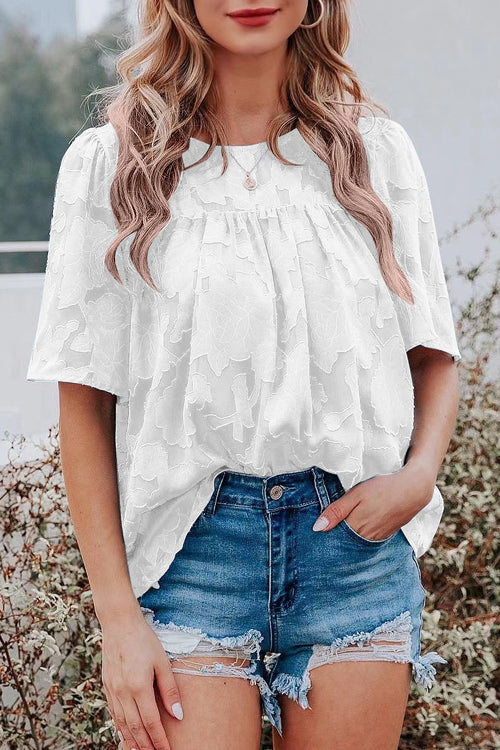 Mind On Sunshine Floral Jacquard Short Sleeve Top - 6 Colors White