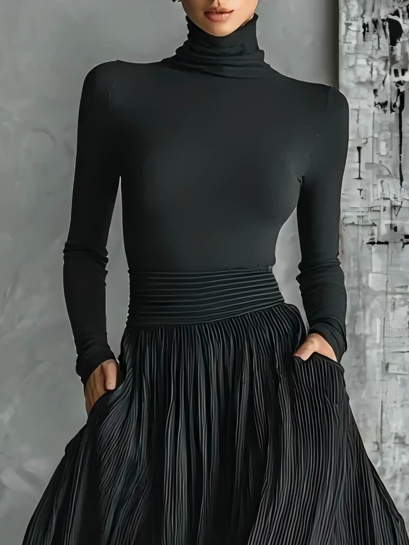 Elegant High Waist Pleated Slit Maxi Skirt Black Top