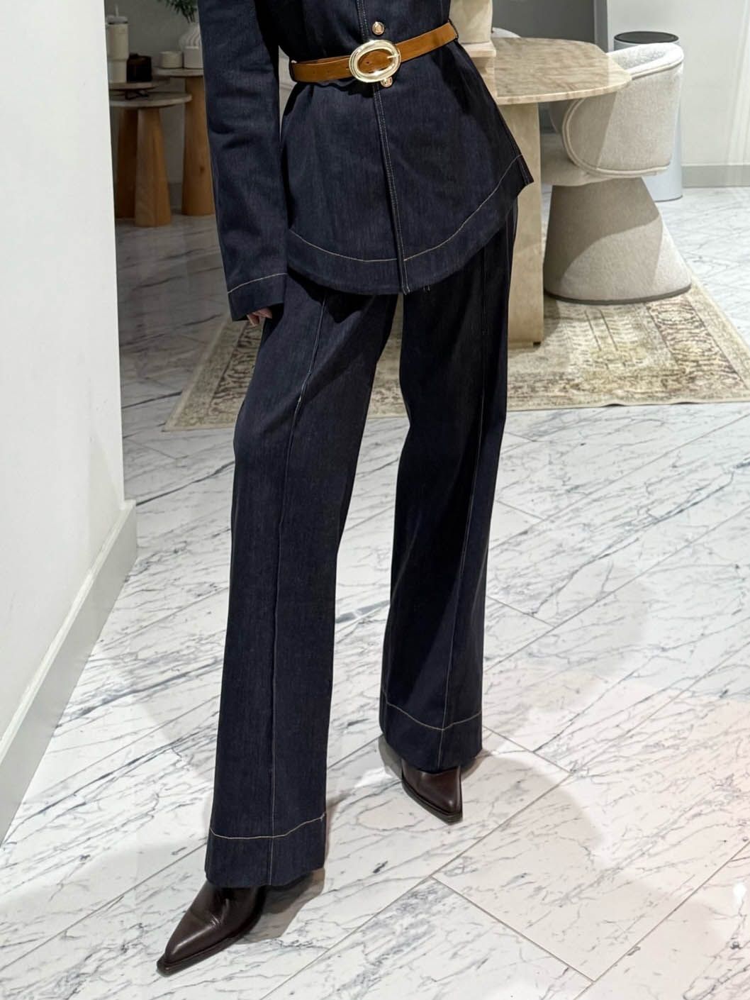 Casual Denim Shirt & Wide-leg Pants Two-piece Set Blue Pants