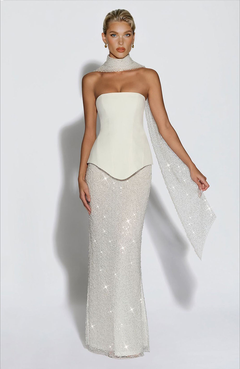 Elegant Strapless Sequin Skirt And Shawl Two-Piece Set White
