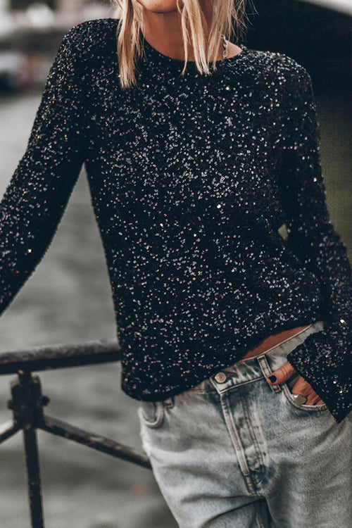 Shine For Us Sequin Long Sleeve Top - 2 Colors Black-top