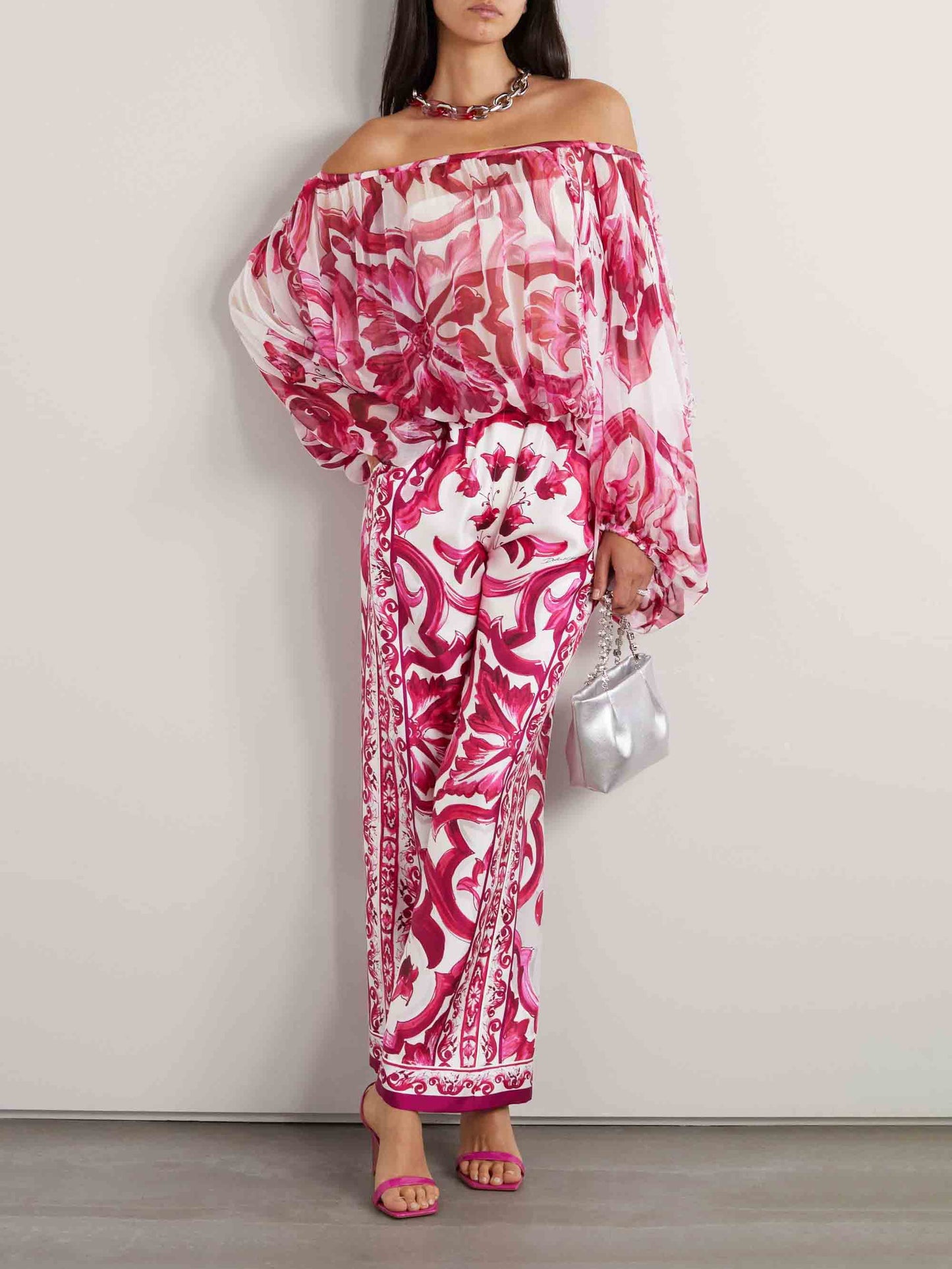 Elegant Baroque Floral Print Off-Shoulder Chiffon Two-Piece Set Pink Set