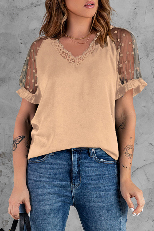 Hello Beautiful Sheer Dot Tulle Short Sleeve Top - 4 Colors Beige