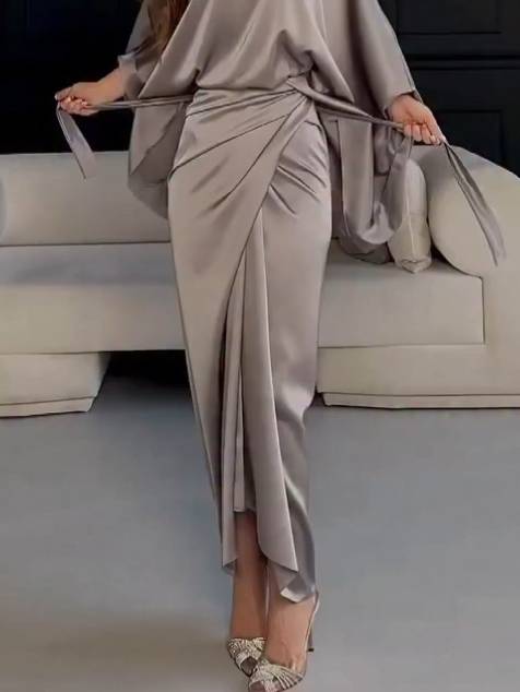 Minimalist Loose Shirt And Lace-up Skirt Suit-Skirt Grey