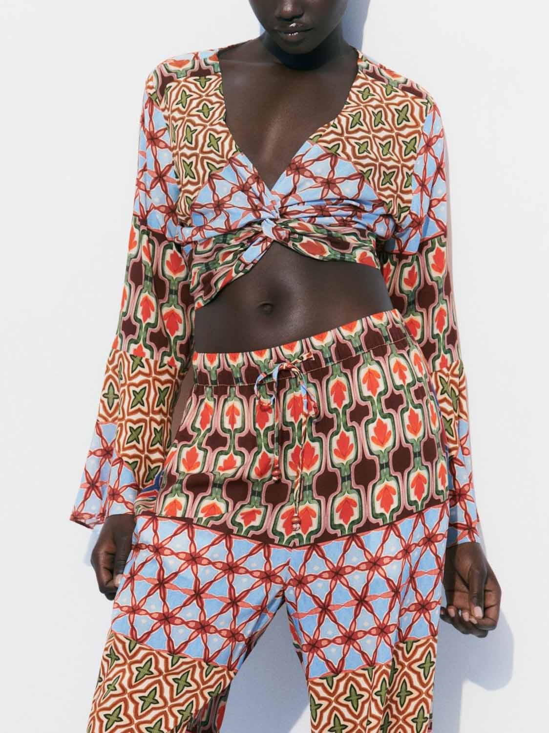 Retro Vitality Folk Style Printed Twisted Short Shirt Multi