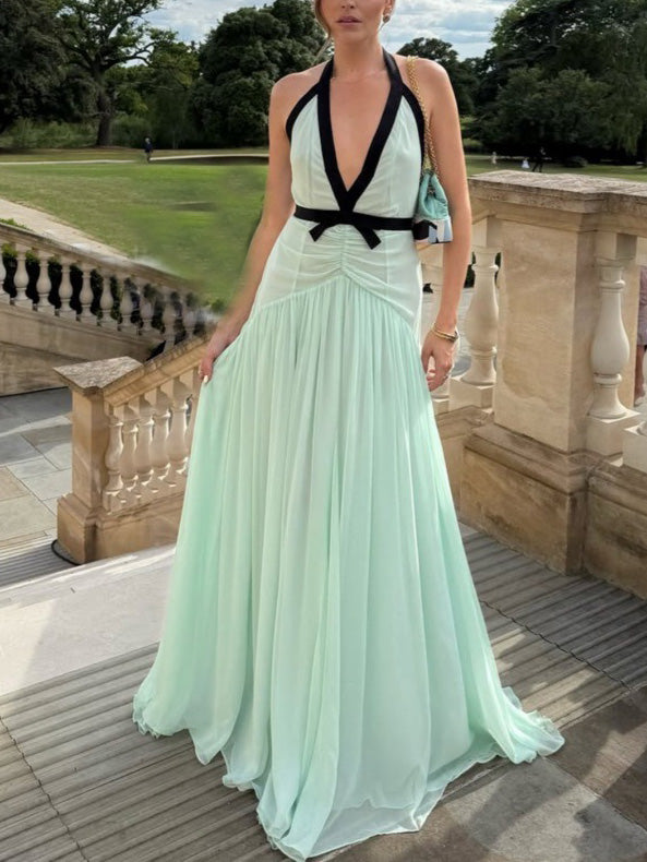 Elegant V-neck Bow Chiffon Flowing Maxi Dress Green