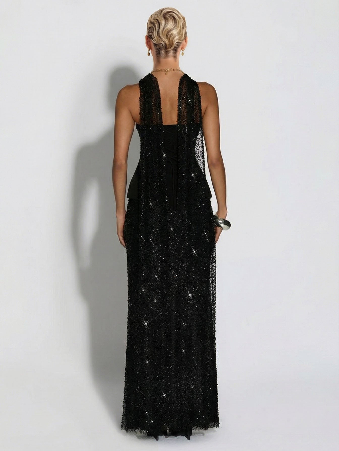 Elegant Strapless Sequin Skirt And Shawl Two-Piece Set
