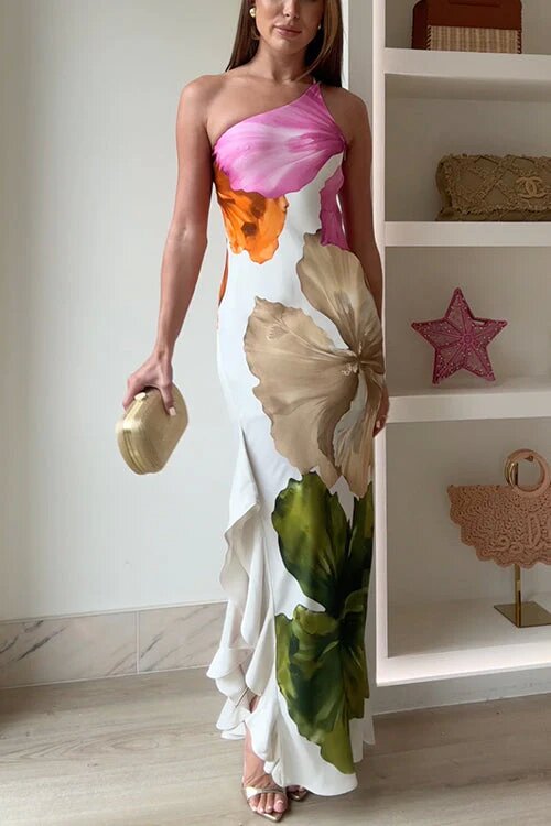 Compelling Romantic One Shoulder Floral Print Maxi Dress