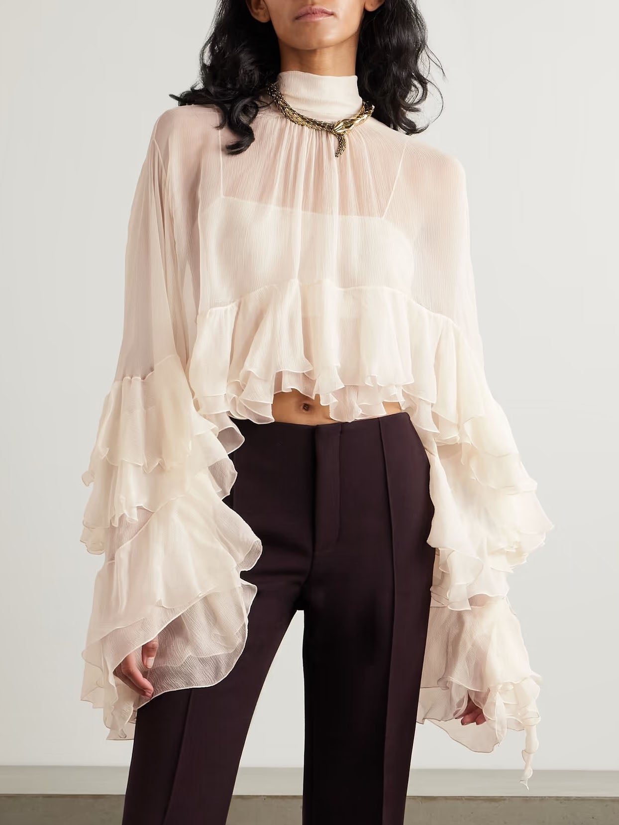 Exquisite Ruffled Chiffon Long-sleeved Short Shirt Cream