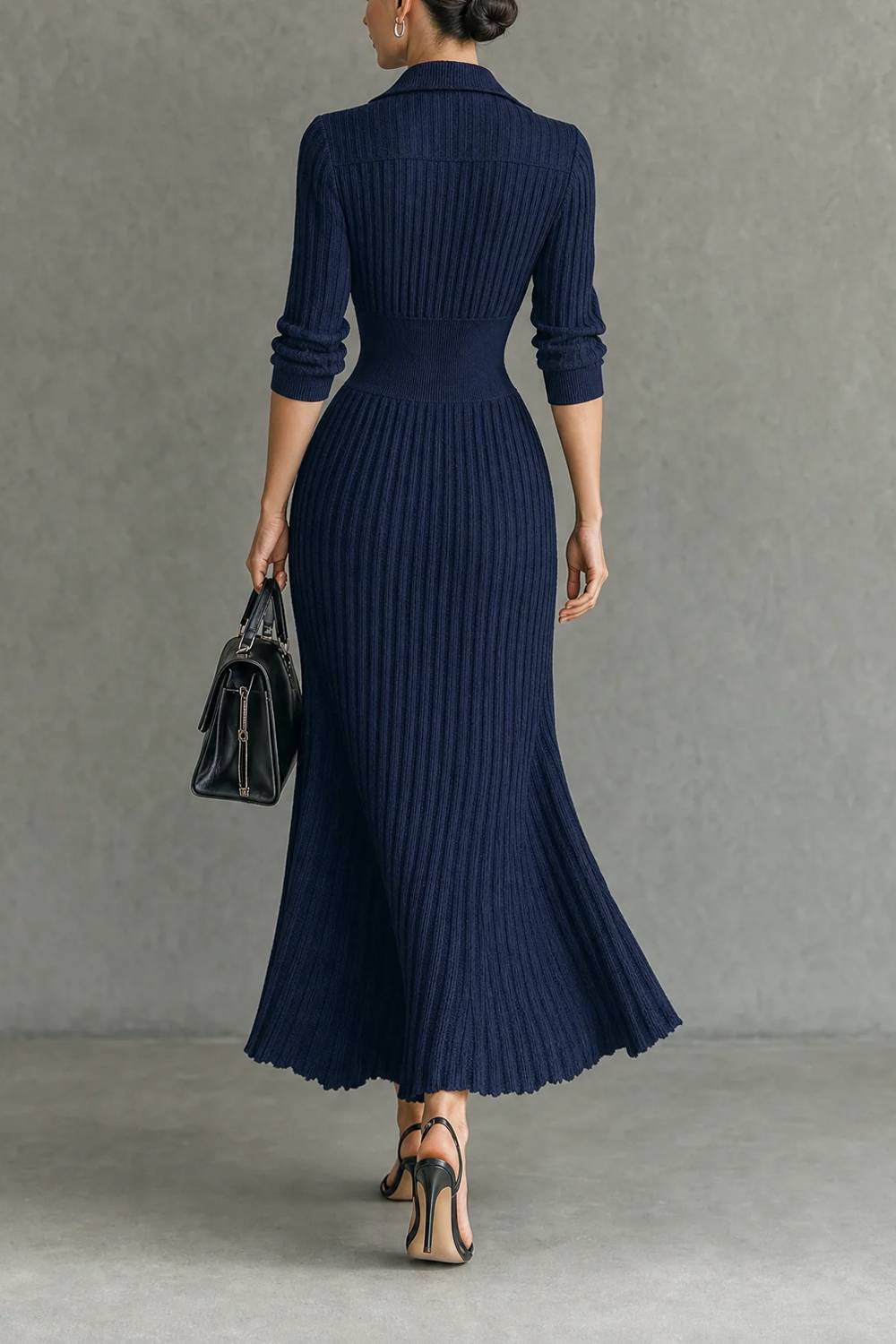 Lapel V-neck Buckle-detail Rib-knit Midi Dress