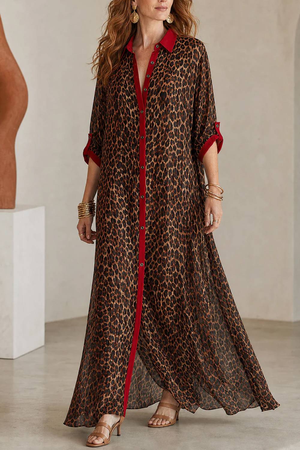 Vintage Leopard Print Contrast Shirt Long Dress