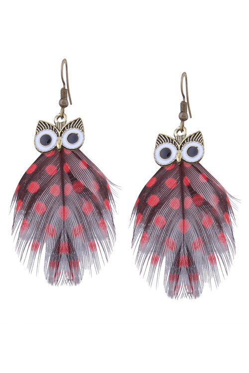 Owl Feather Cute Earrings Red