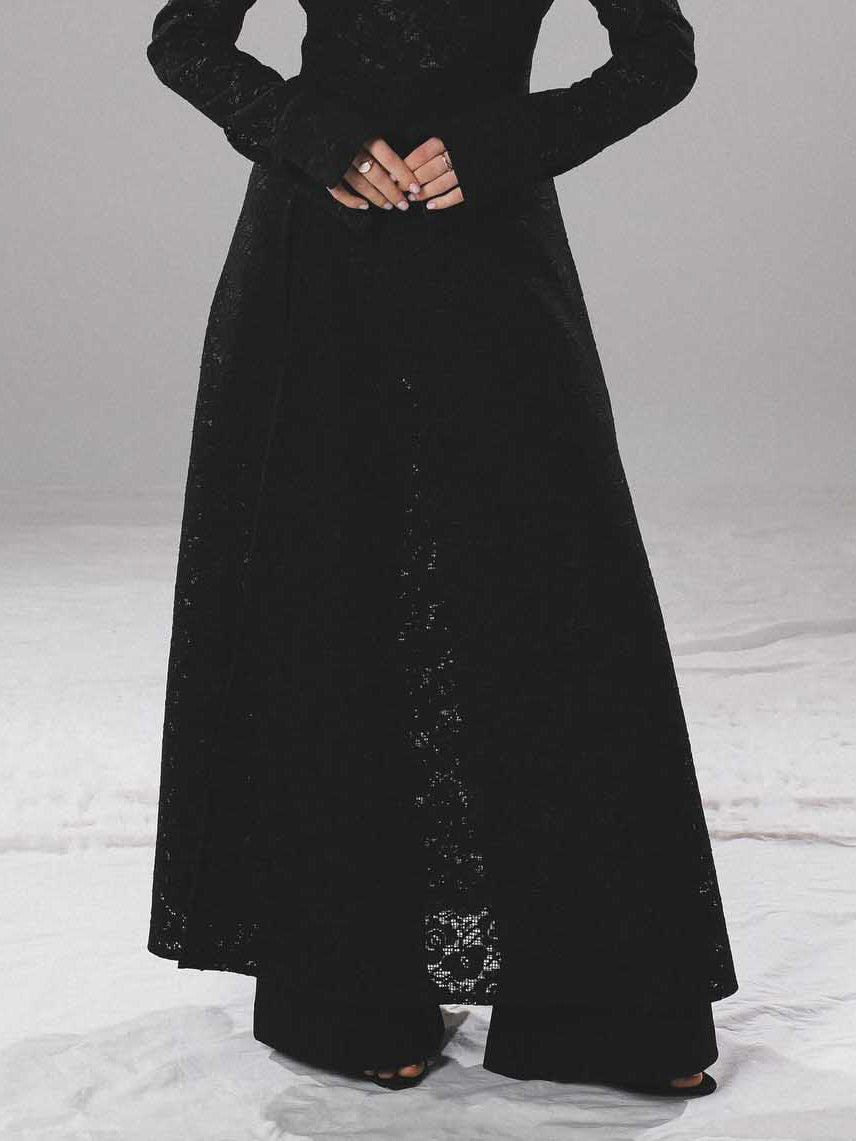 Elegant High-neck Lace Robe & Trousers Two-piece Set Black Pants