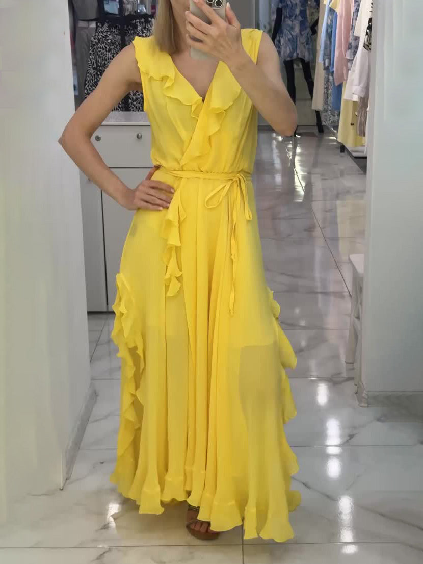 Elegant Ruffled V-Neck High-Slit Maxi Dress Yellow