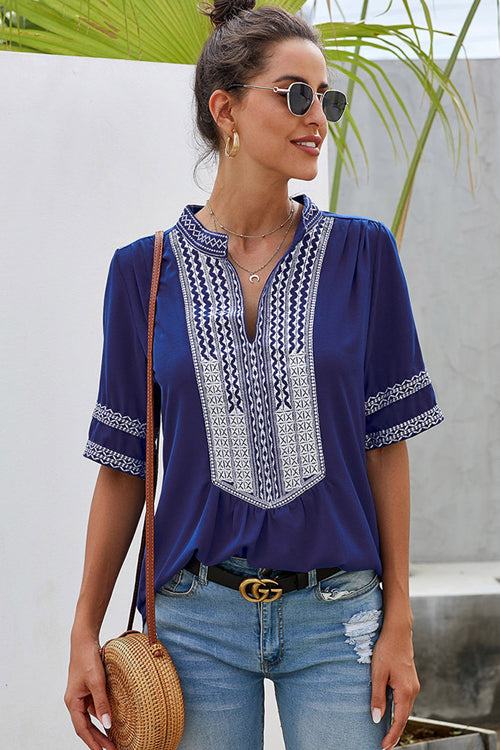 Go-Better Boho Embroidery Short Sleeve Top - 4 Colors Blue