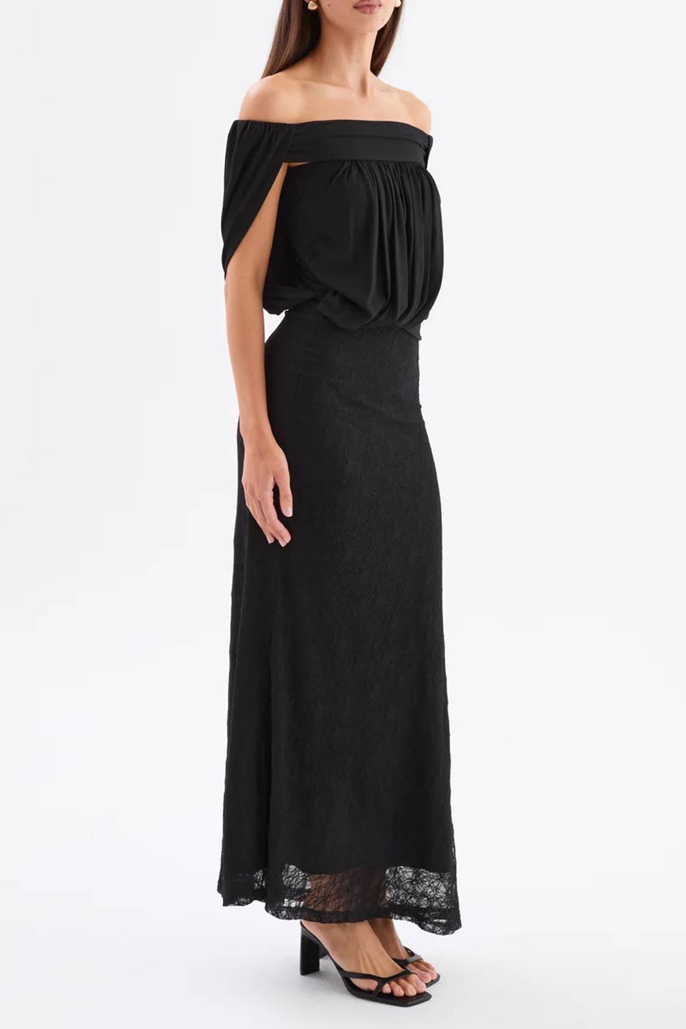 Off‑Shoulder Cape‑Sleeve Draped Mixed Lace Slit Maxi Evening Dress