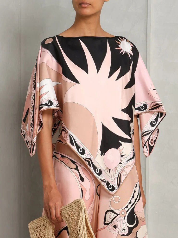 Unique Abstract Print Short Shirt Pink Top