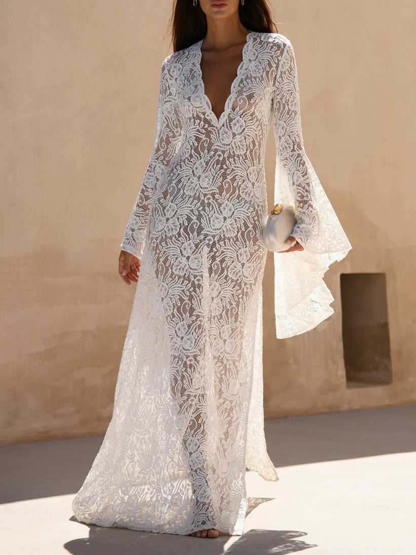 Elegant Lace Bell Sleeve Maxi Dress White