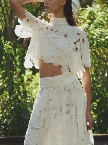 Elegant High Collar Embroidered Lace Short Shirt White