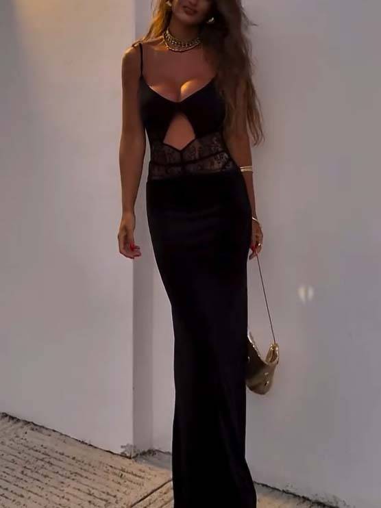 Sexy Lace Splicing Hollow Design Maxi Dress Black