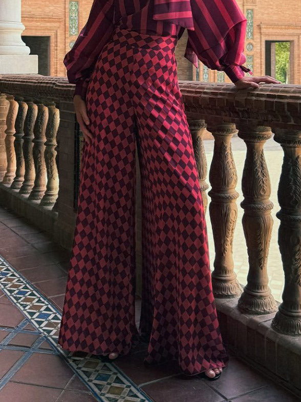 Exquisite High-Waisted Diamond Print Wide-Leg Pants Red