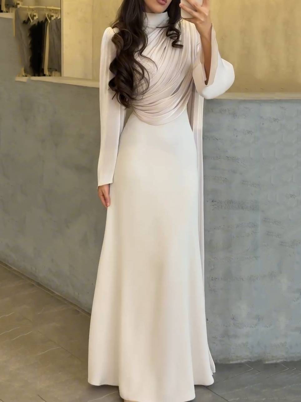Pleated Design Ribbon Maxi Dress Apricot