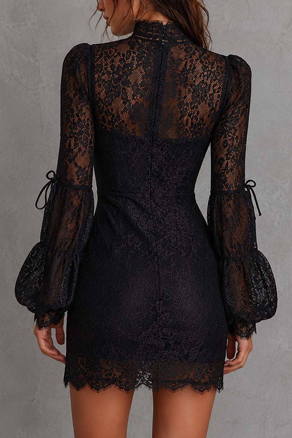 High Neck Keyhole Puff Long Sleeve Lace Bodycon Mini Dress