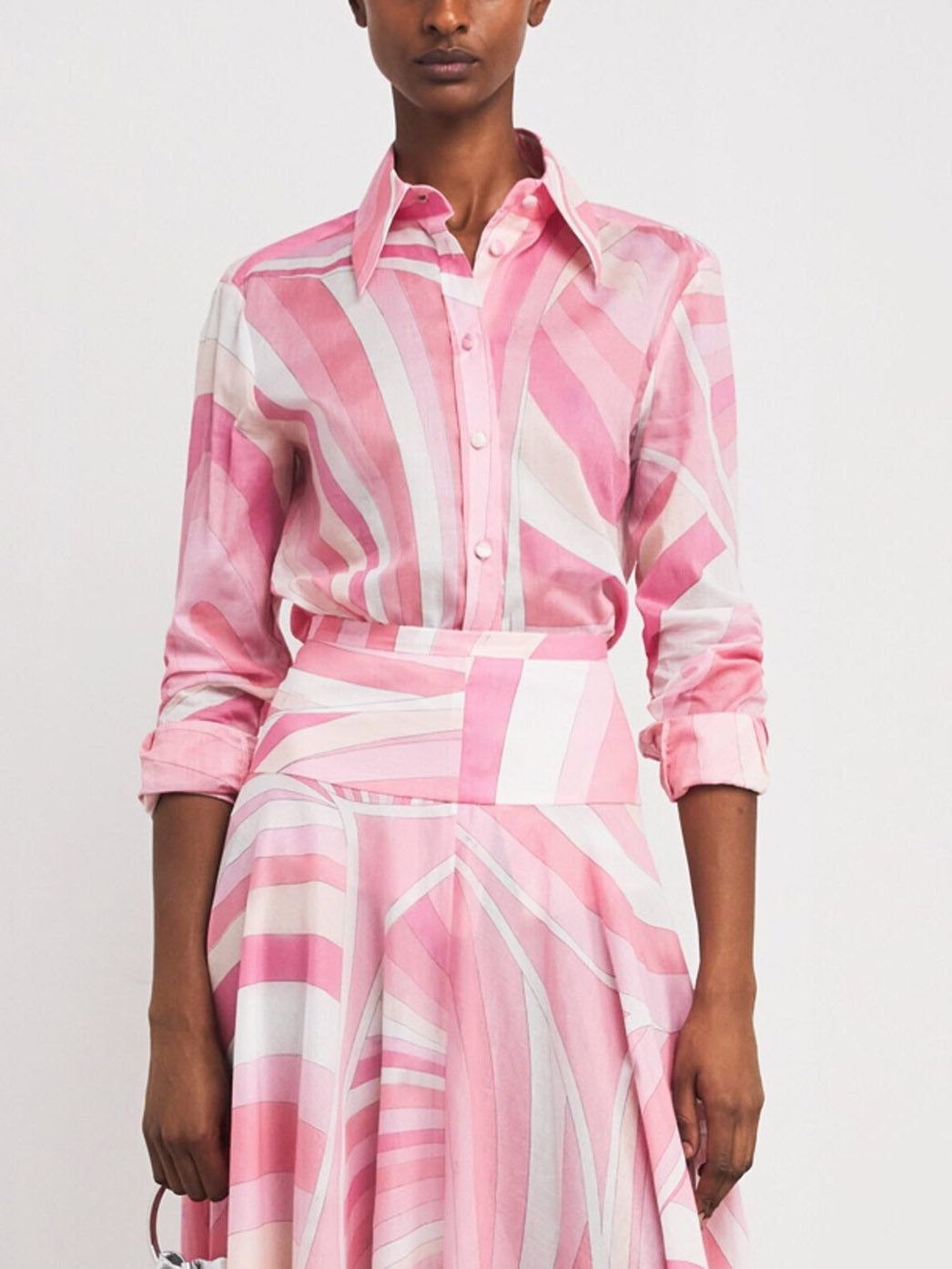 Exquisite Geometric Print Long-sleeved Shirt Pink Top