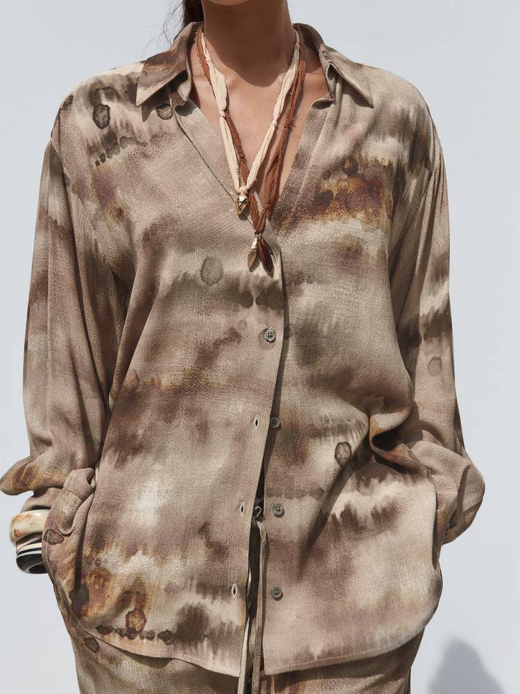Unique Print Shirt And Wide Leg Pants Suit-Shirt Printed
