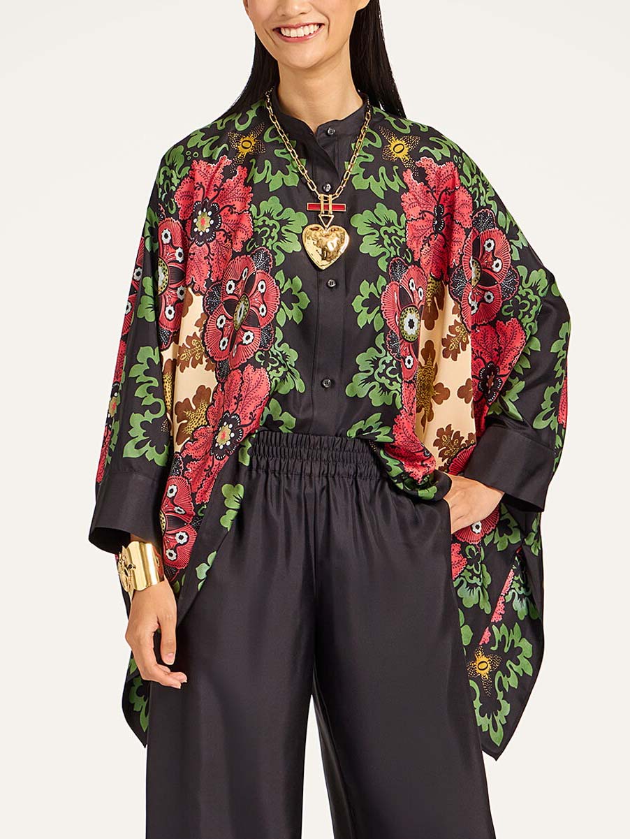Exquisite Satin Floral Print Kimono Shirt Black
