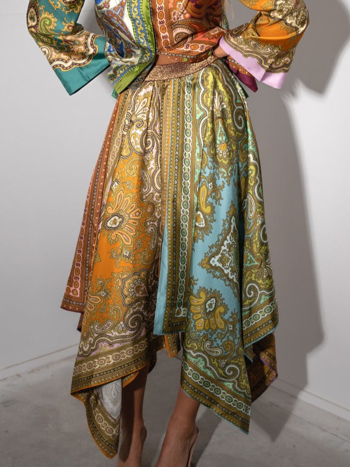 Retro Paisley Print Satin Irregular Skirt Multi
