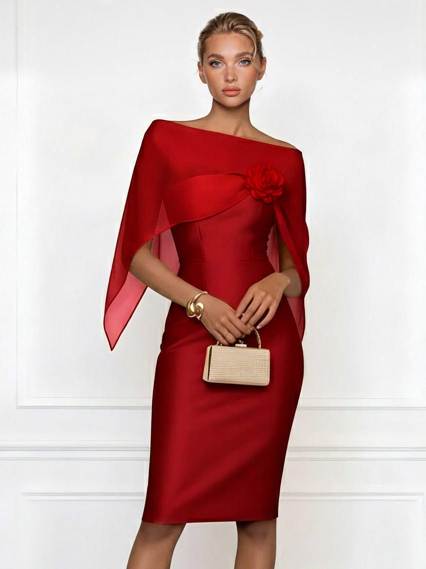 Asymmetrical One-Shoulder Sheer Shawl Satin Midi Dress Red