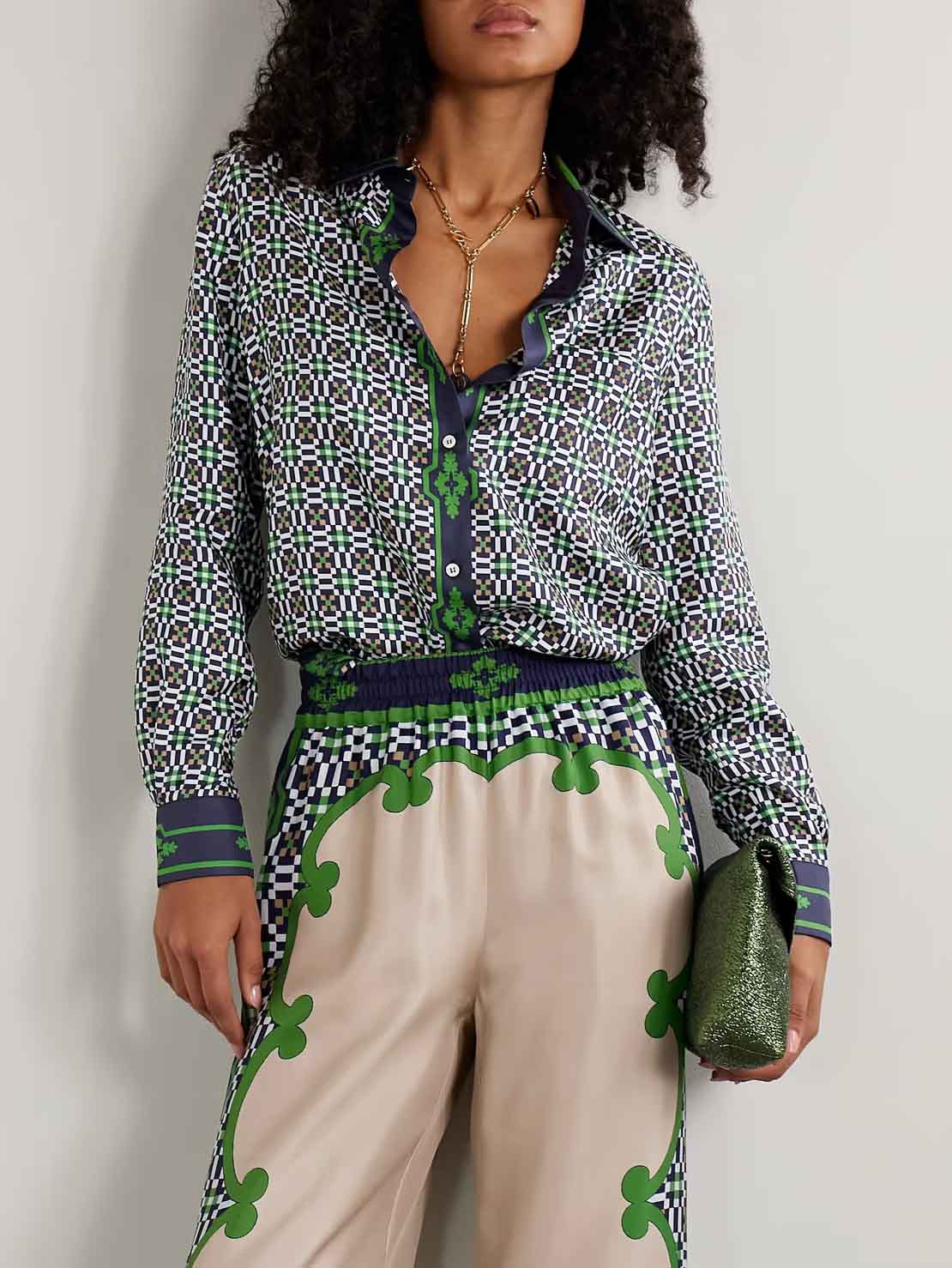 Unique Geometric Pattern Printed Satin Long-sleeved Shirt Green