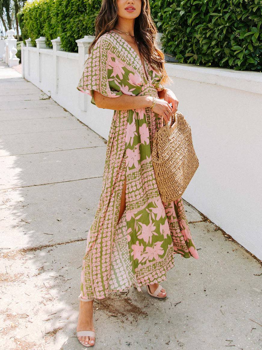 V-neck High Waist Slit Dress Green
