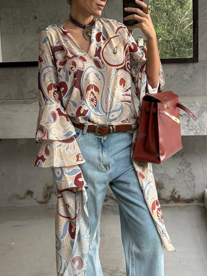 Bohemian Print Bell Sleeve Loose Shirt Apricot
