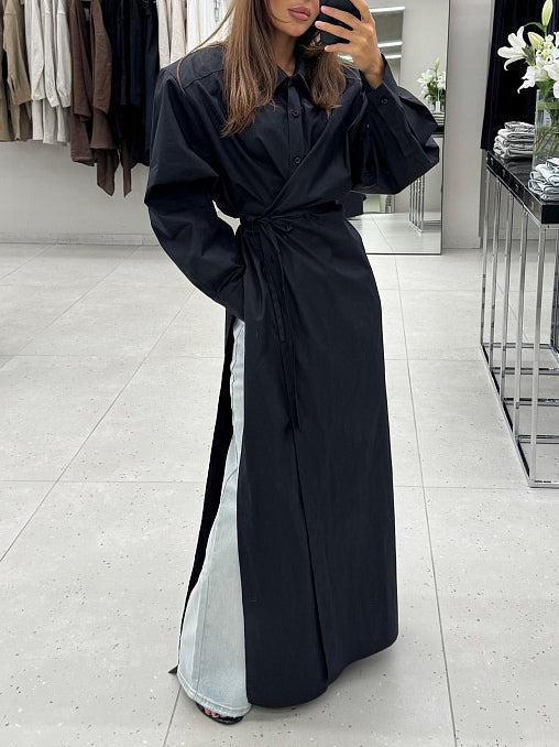 Casual Slit Cotton Shirt Maxi Dress Black