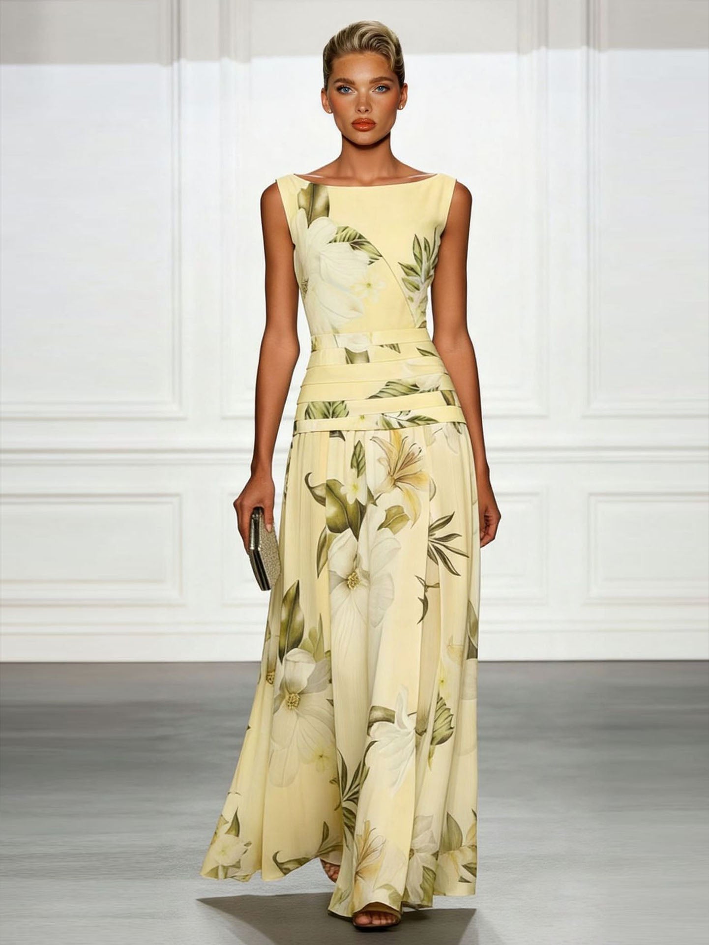 Fresh Sleeveless Boat Neck Printed Party Maxi Dress Yellow