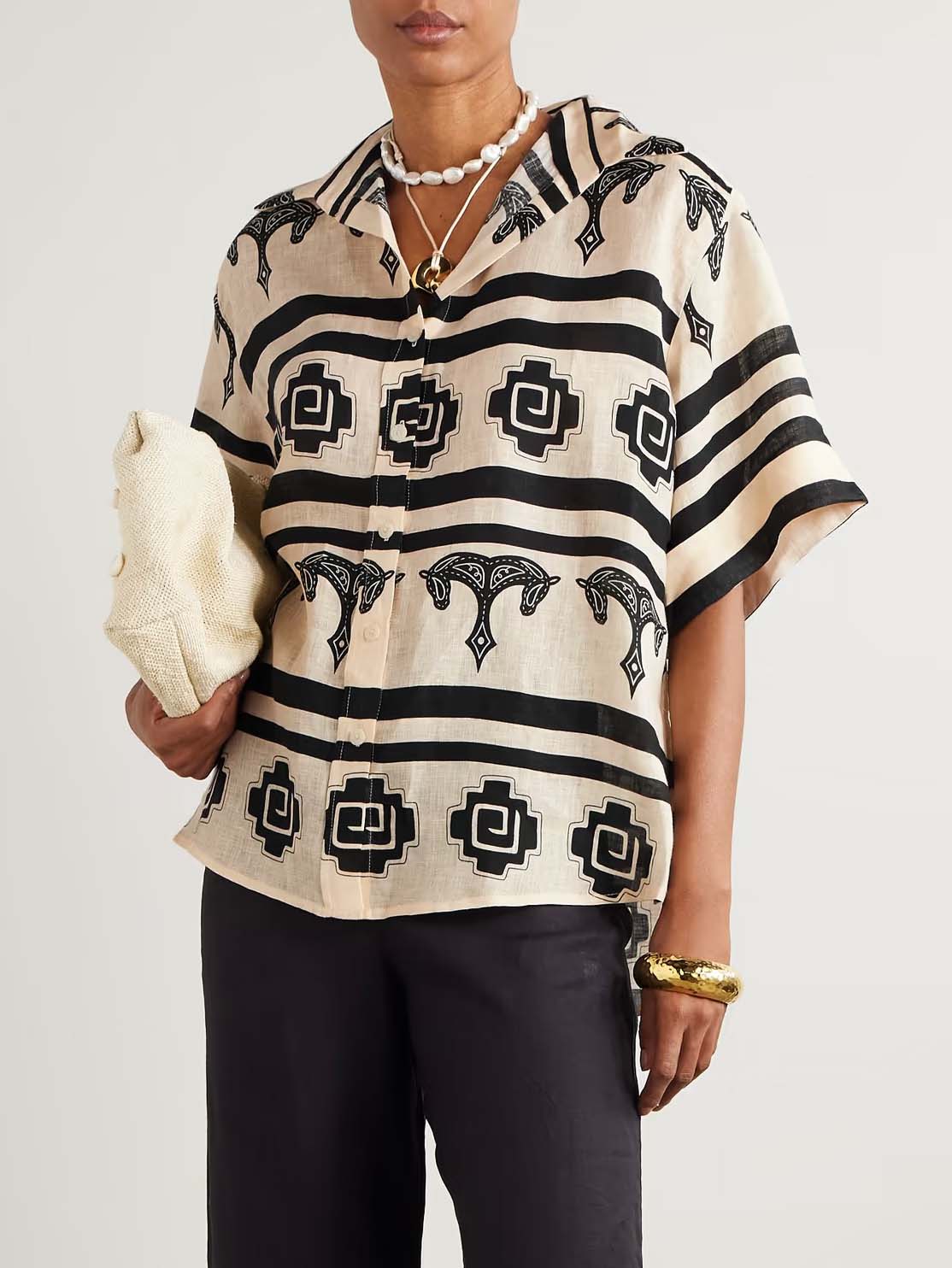 Exquisite Striped Geometric Print Short-Sleeved Shirt Cream