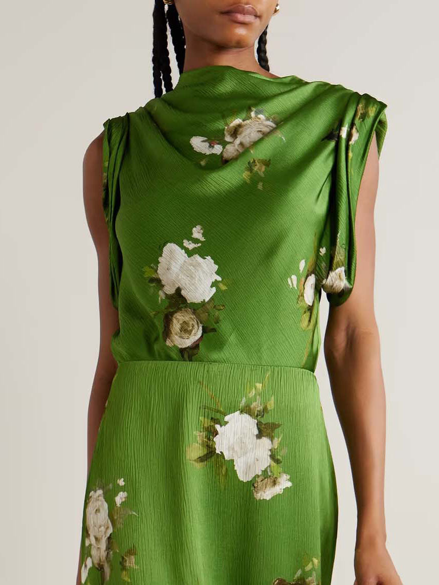 Exquisite Rose Floral Print Satin Shirt Green