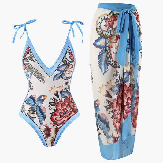 Floral One-Piece Swimsuit Set - for Women with Sarong